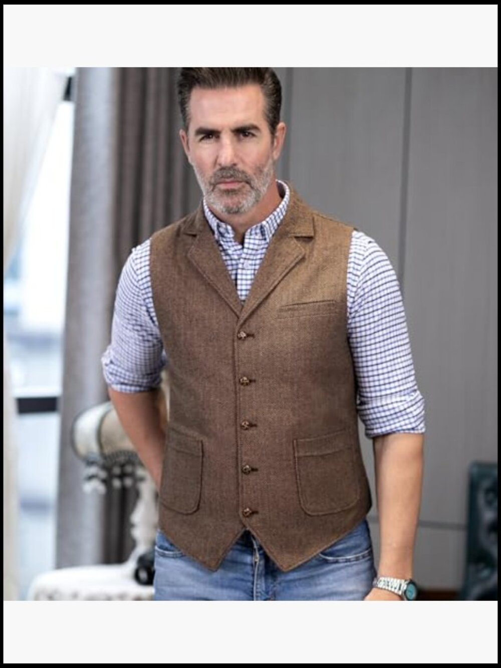 Wool Blend Tweed Vest Western Herringbone Waistcoat for Groomsman - Picture 4 of 6